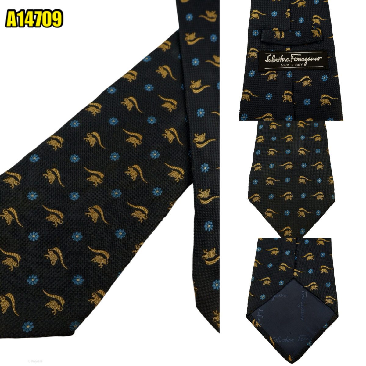 created by photogrid Salvatore Ferragamo Tie Silk Black Bagde Pattern Italy (US Import Tax Included) มุมที่ 1
