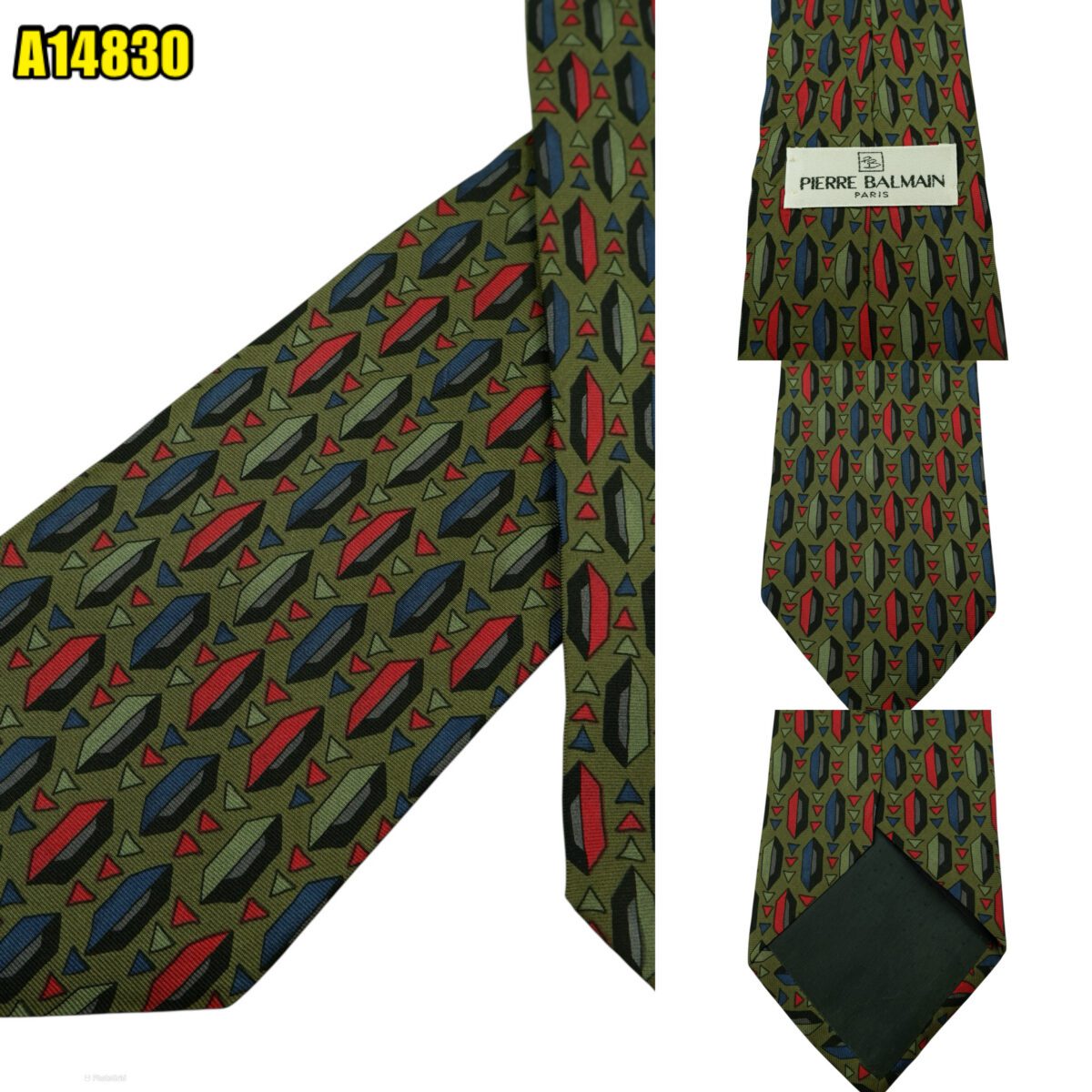 created by photogrid Pierre Balmain Tie Silk Olive Green Geometric Italy (US Import Tax Included) มุมที่ 1