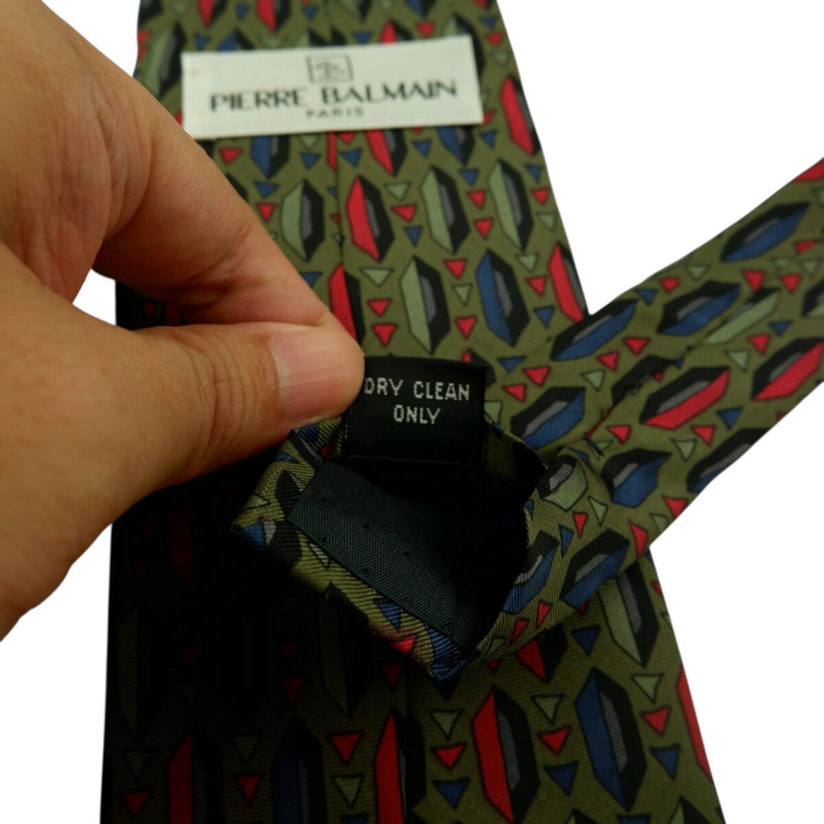a14830 11 Pierre Balmain Tie Silk Olive Green Geometric Italy (US Import Tax Included) มุมที่ 11