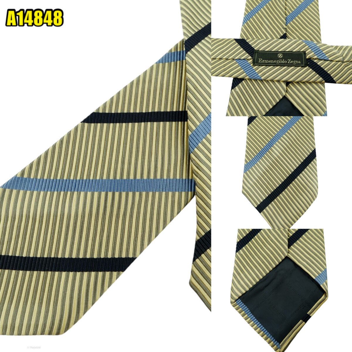 created by photogrid Ermenegildo Zegna Tie Silk Cotton Beige Blue Black Stripe Italy (US Import Tax Included) มุมที่ 1