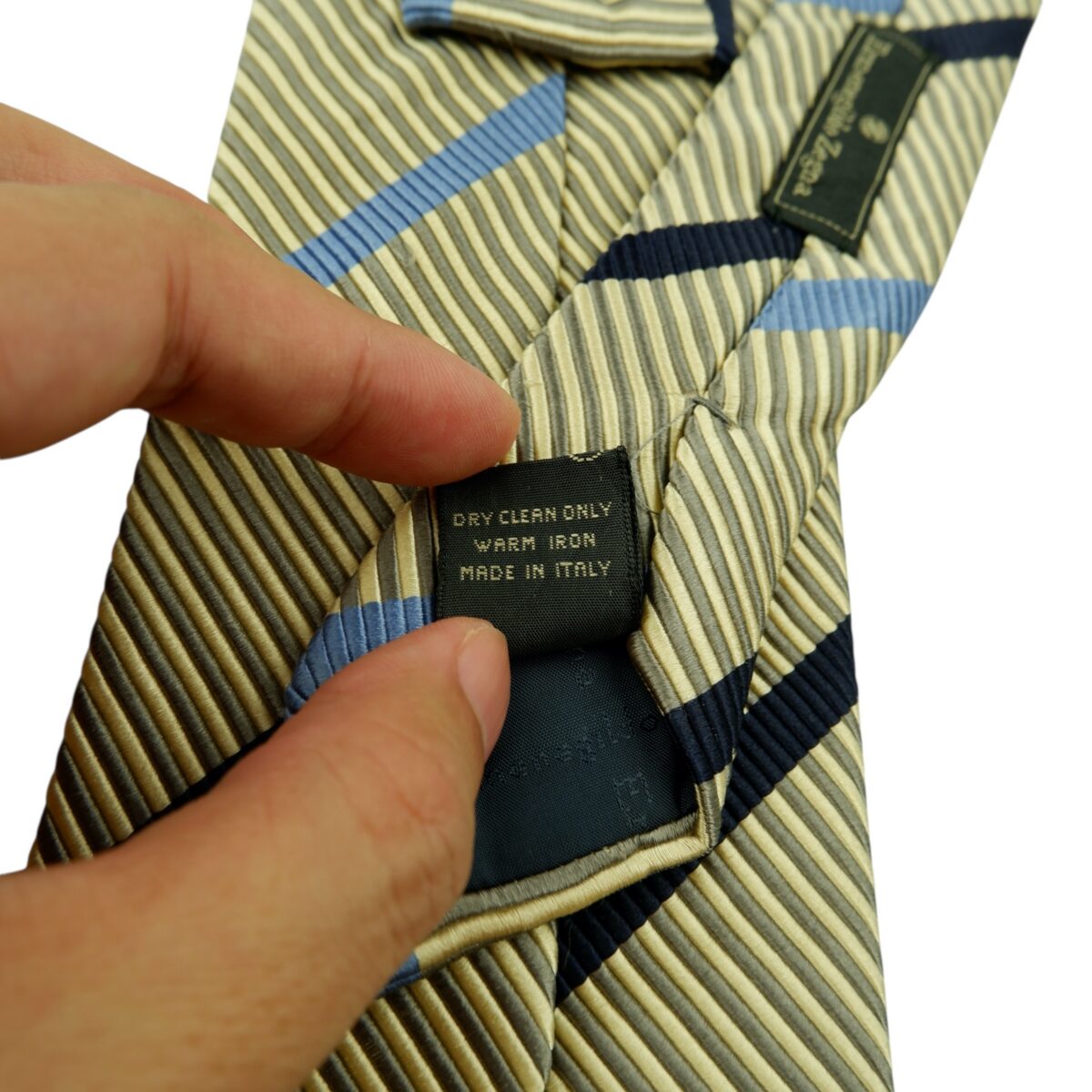 a14848 11 Ermenegildo Zegna Tie Silk Cotton Beige Blue Black Stripe Italy (US Import Tax Included) มุมที่ 11