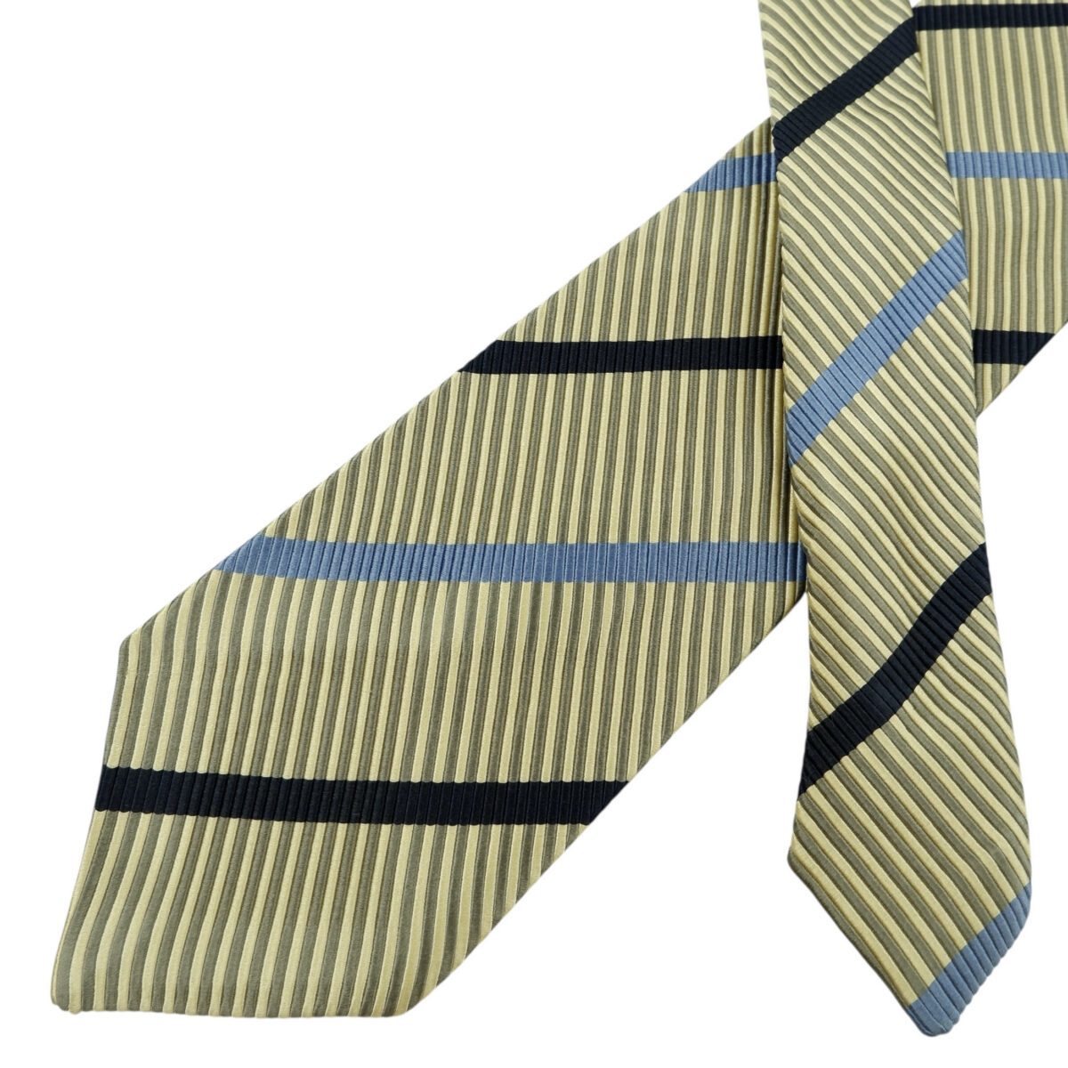 a14848 2 Ermenegildo Zegna Tie Silk Cotton Beige Blue Black Stripe Italy (US Import Tax Included) มุมที่ 2