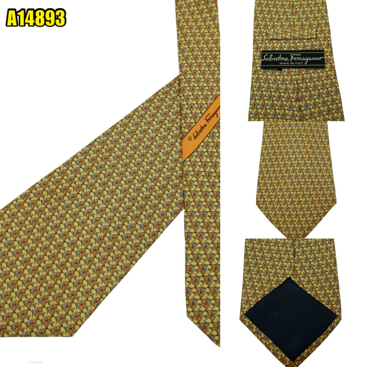 created by photogrid Salvatore Ferragamo Tie Silk Yellow Fish Geometric Italy (US Import Tax Included) มุมที่ 1