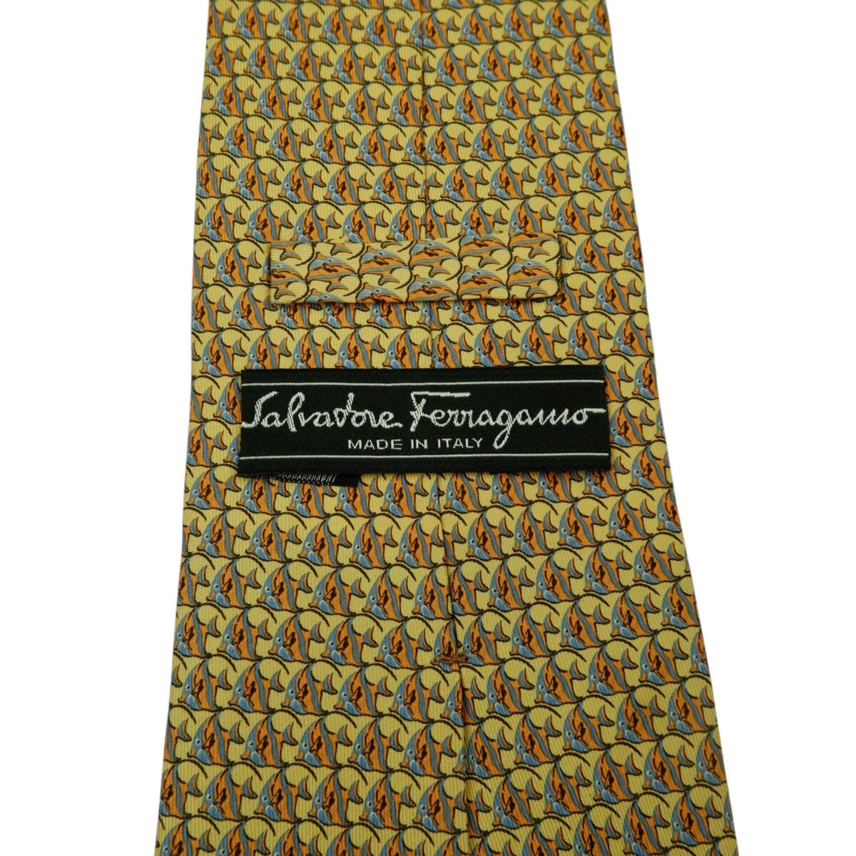 a14893 10 Salvatore Ferragamo Tie Silk Yellow Fish Geometric Italy (US Import Tax Included) มุมที่ 10
