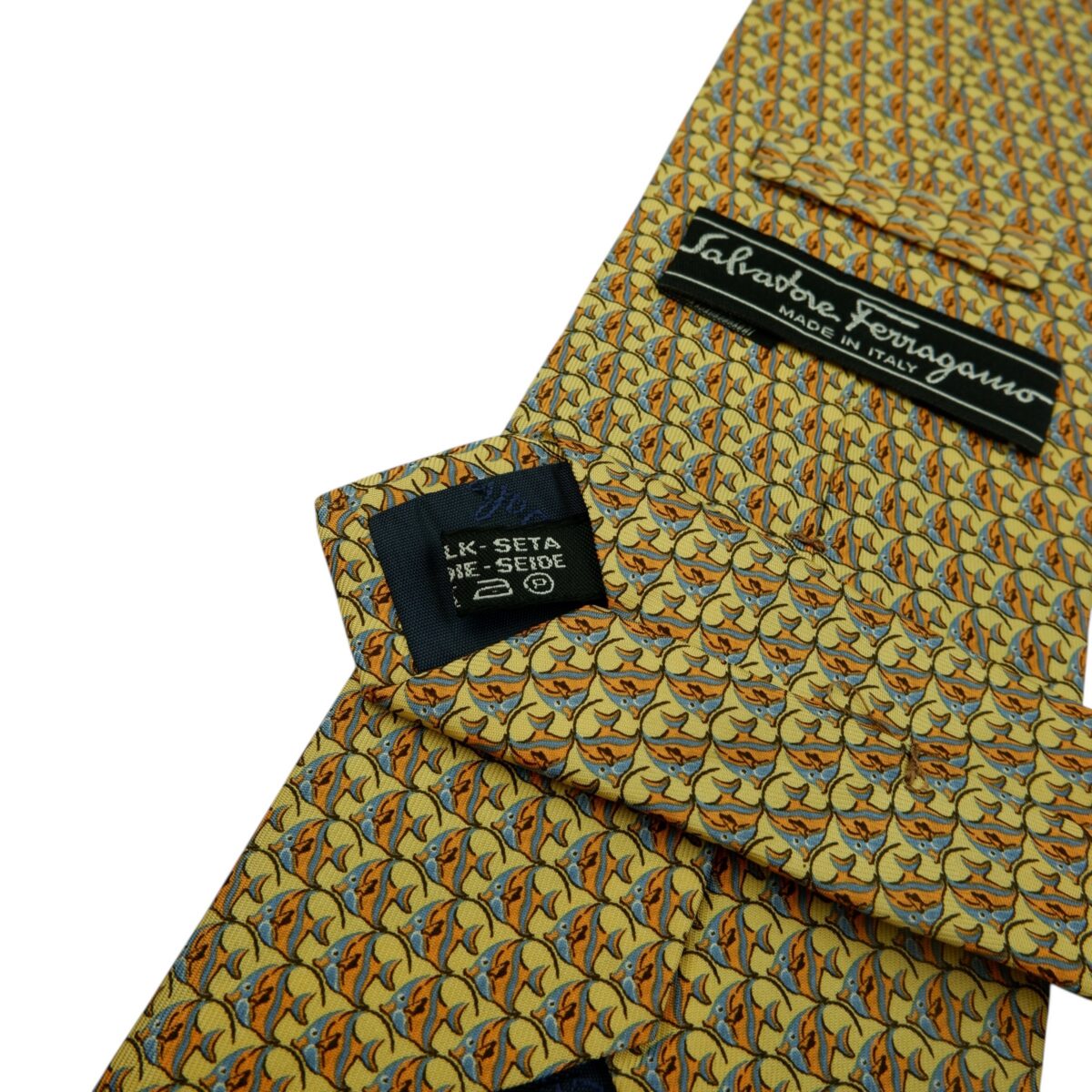 a14893 12 Salvatore Ferragamo Tie Silk Yellow Fish Geometric Italy (US Import Tax Included) มุมที่ 12