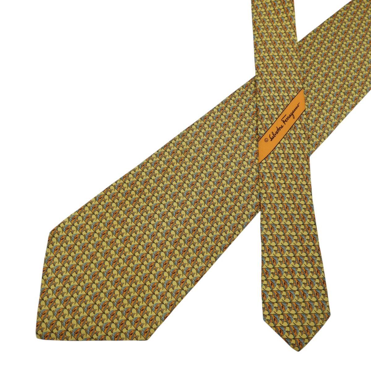 a14893 2 Salvatore Ferragamo Tie Silk Yellow Fish Geometric Italy (US Import Tax Included) มุมที่ 2