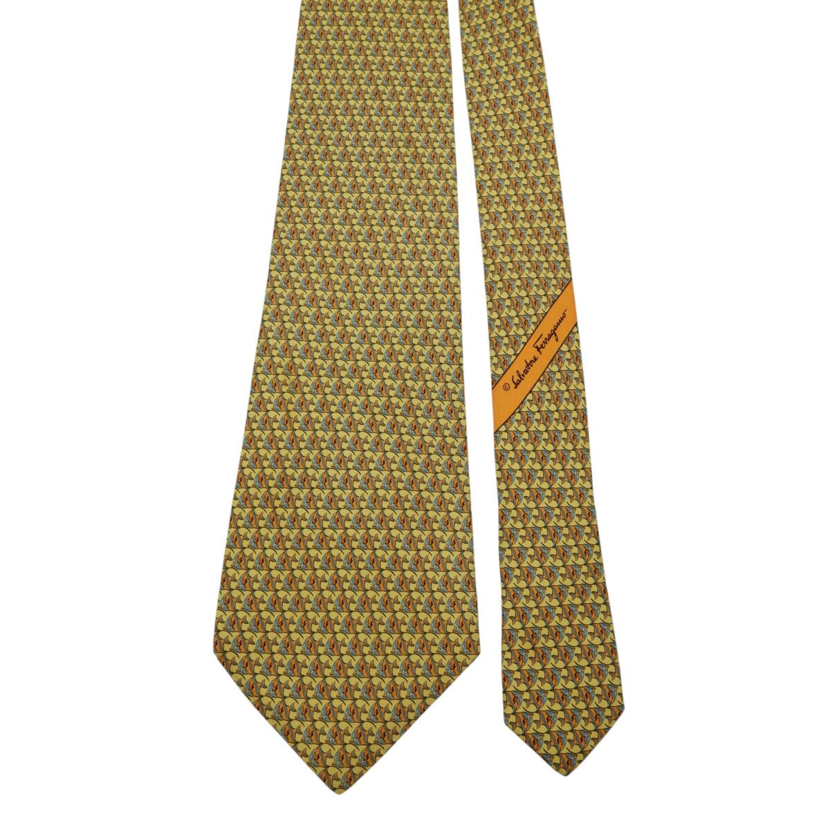 a14893 3 Salvatore Ferragamo Tie Silk Yellow Fish Geometric Italy (US Import Tax Included) มุมที่ 3