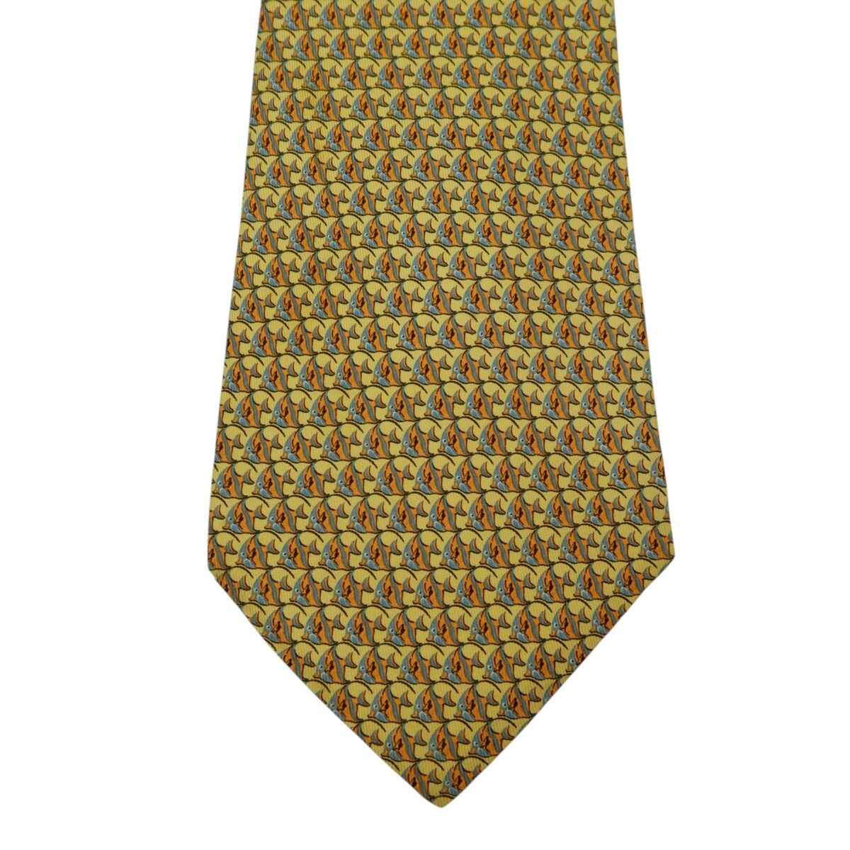a14893 7 Salvatore Ferragamo Tie Silk Yellow Fish Geometric Italy (US Import Tax Included) มุมที่ 7
