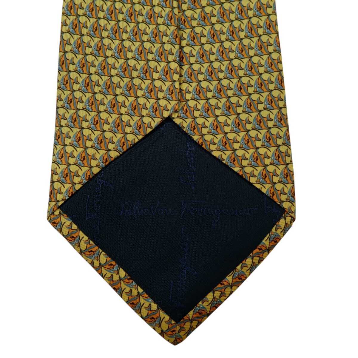 a14893 9 Salvatore Ferragamo Tie Silk Yellow Fish Geometric Italy (US Import Tax Included) มุมที่ 9