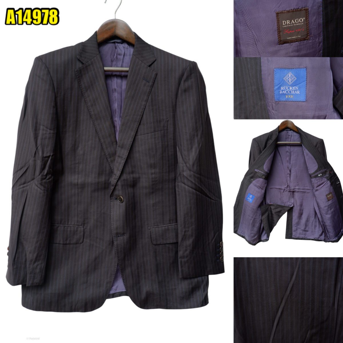 created by photogrid Drago Suit Jacket Wool Black Stripe Japan US UK 43 Chest Size 43 Regular Half Canvas มุมที่ 1