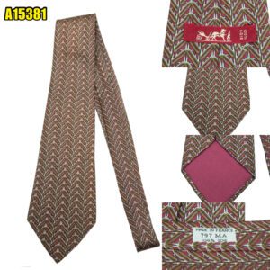 Hermes Tie Silk Dark Brown Geometric France (US Import Tax Included) มุมที่ 1