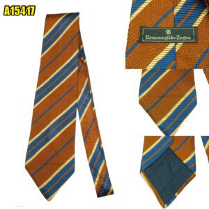 Ermenegildo Zegna Tie Silk Brown Blue Stripe Italy (US Import Tax Included) มุมที่ 1