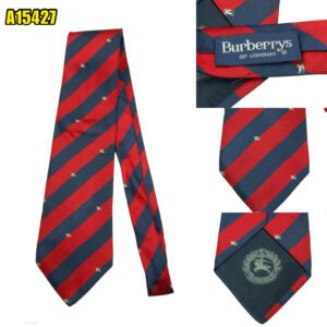 Burberry Tie Silk Red Navy Blue Stripe Italy (US Import Tax Included) มุมที่ 1