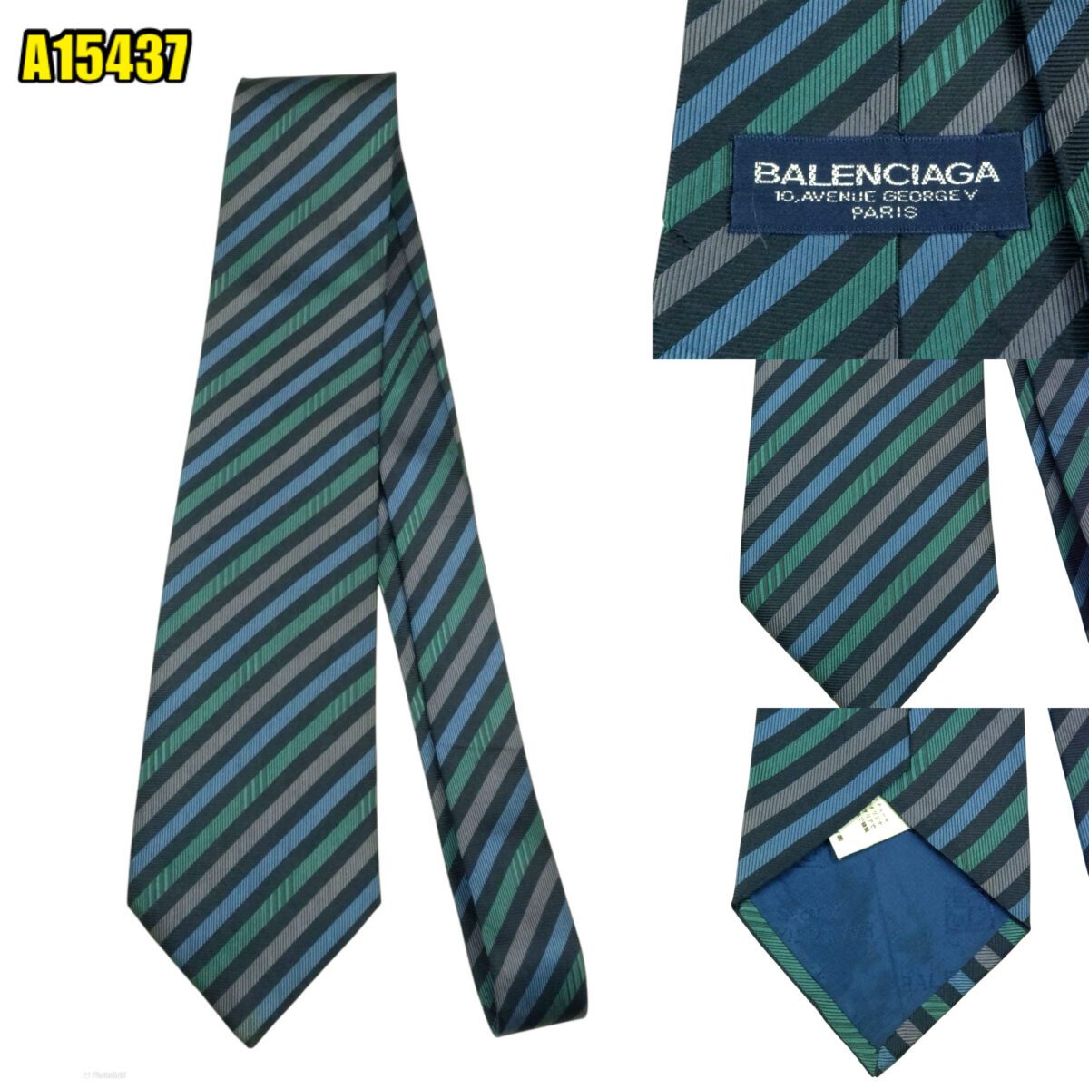 created by photogrid Balenciaga Tie Silk Navy Green Gray Stripe Japan (US Import Tax Included) มุมที่ 1