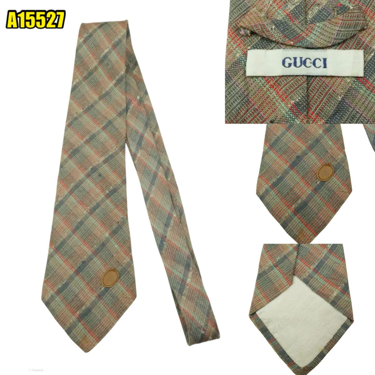 Gucci Tie Linen Gray Check Italy (US Import Tax Included) | mesabb clothing Gucci Tie Linen Gray Check Italy (US Import Tax Included) มุมที่ 1