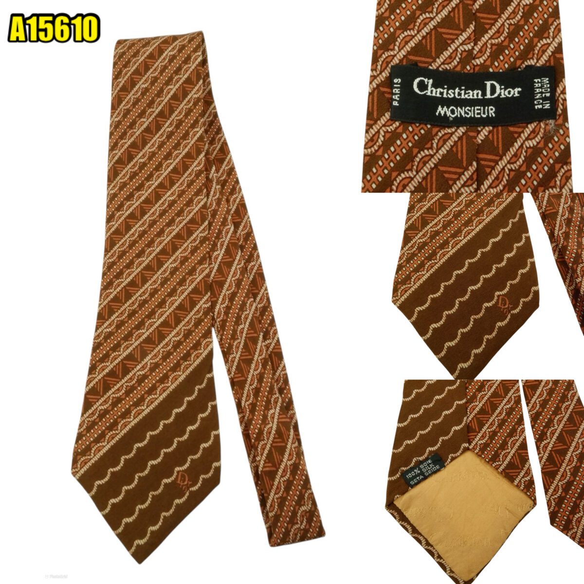Christian Dior Tie Silk Brown Geometric Stripe France (US Import Tax Included) | mesabb clothing Christian Dior Tie Silk Brown Geometric Stripe France (US Import Tax Included) มุมที่ 1