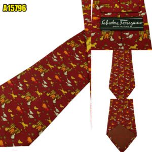 Salvatore Ferragamo Tie Silk Maroon Animal Geometric Italy (US Import Tax Included) มุมที่ 1