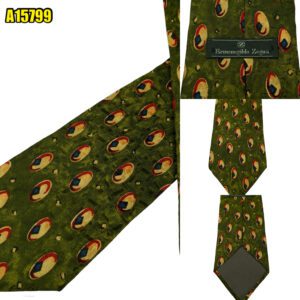 Ermenegildo Zegna Tie Silk Olive Green Geometric Italy (US Import Tax Included) มุมที่ 1