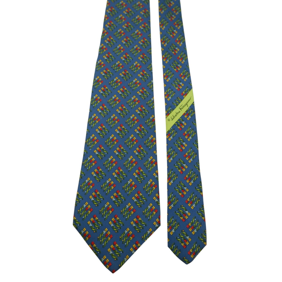 a15869 3 Salvatore Ferragamo Tie Silk Blue Geometric Italy (US Import Tax Included) มุมที่ 3