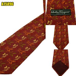 Salvatore Ferragamo Tie Silk Brown Bird Geometric Italy (US Import Tax Included) มุมที่ 1