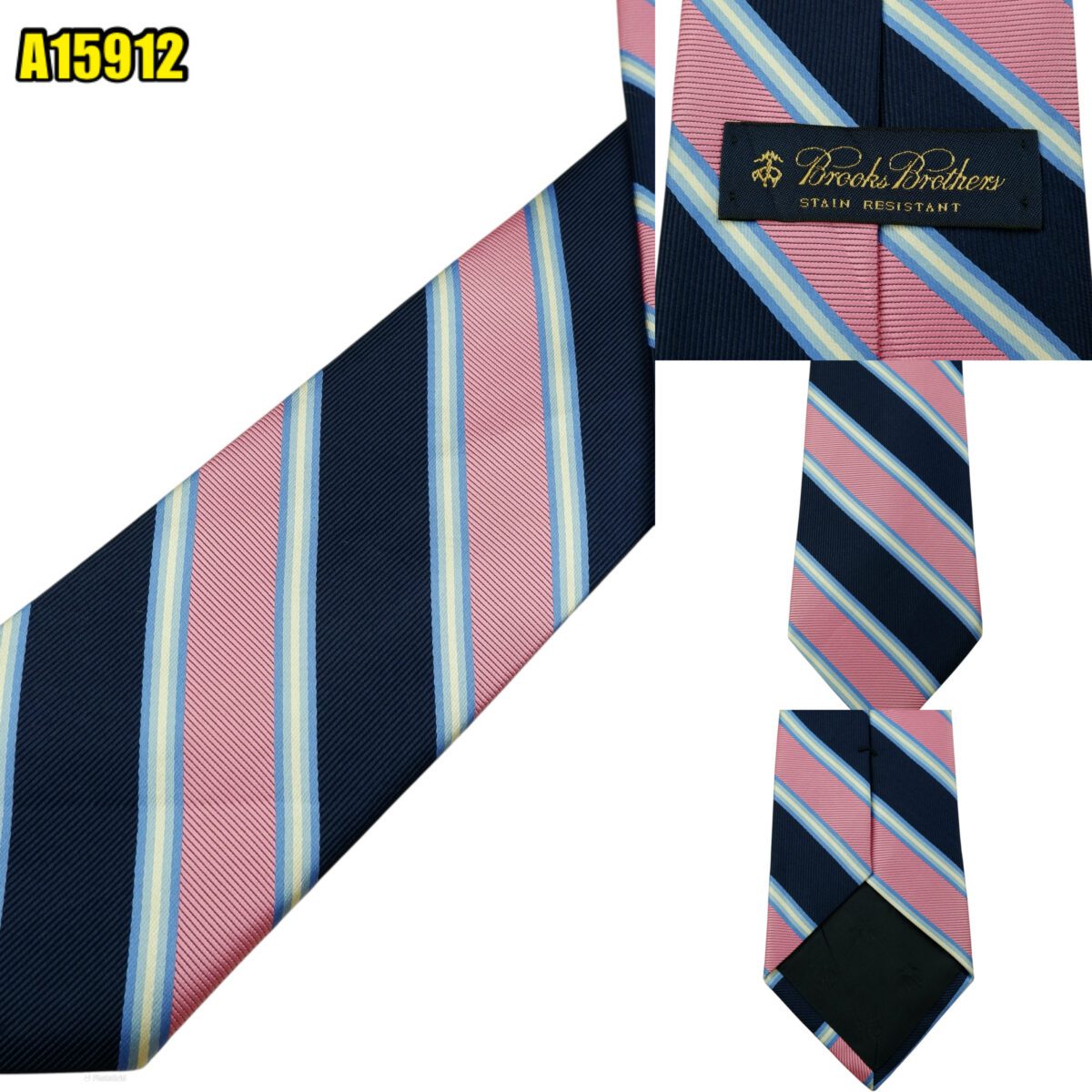 created by photogrid Brooks Brothers Tie Silk Dark Navy Pink Stripe USA (US Import Tax Included) มุมที่ 1