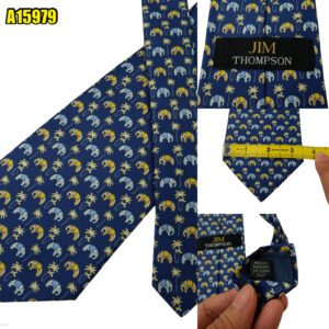 Jim Thompson Tie Silk Blue Elephant Tree Pattern Thailand (US Import Tax Included) มุมที่ 1