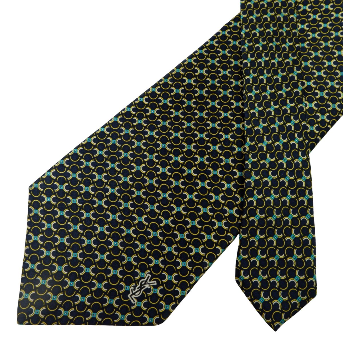 a16013 2 Yves Saint Laurent Tie Silk Black Geometric Italy (US Import Tax Included) มุมที่ 2