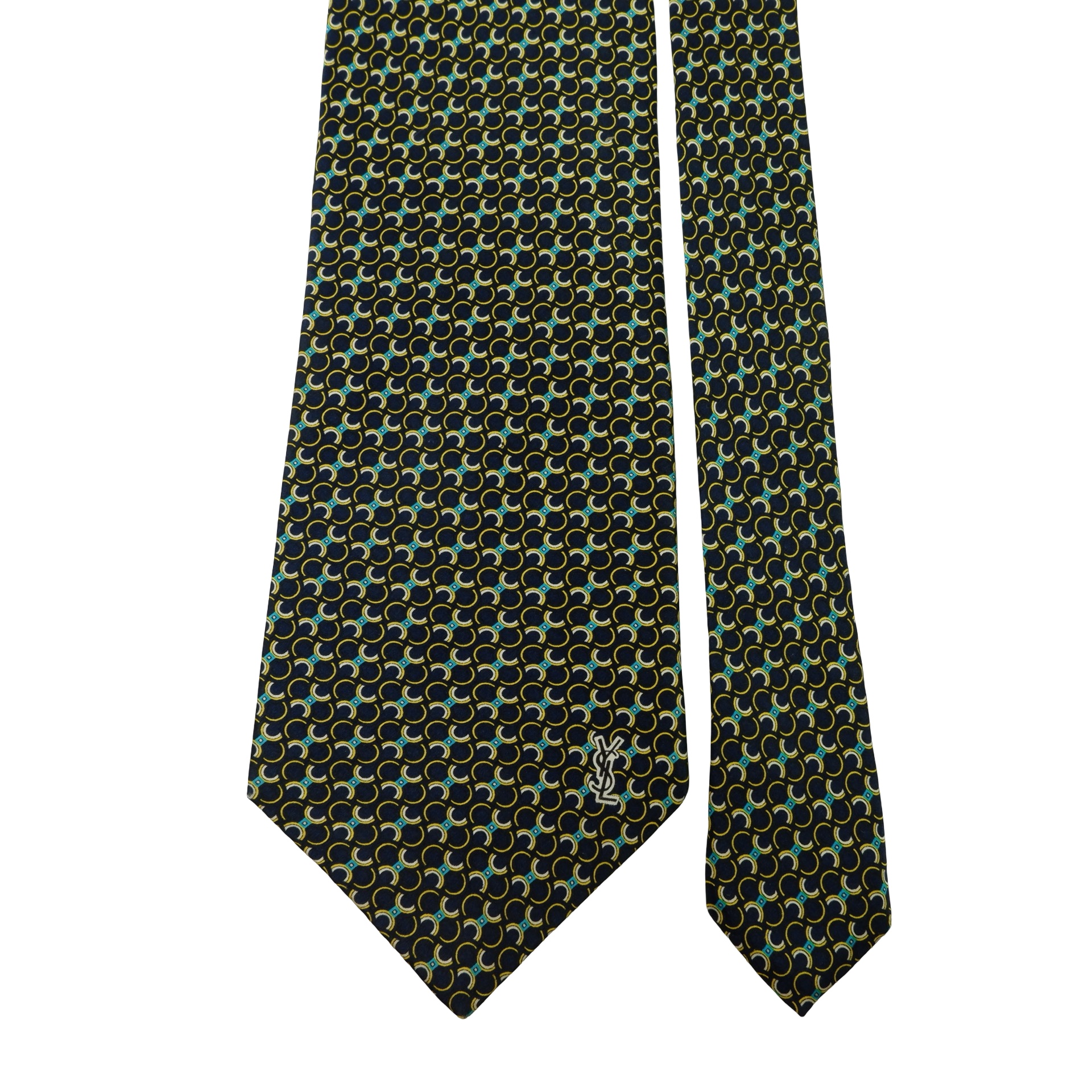 a16013 3 Yves Saint Laurent Tie Silk Black Geometric Italy (US Import Tax Included) มุมที่ 3