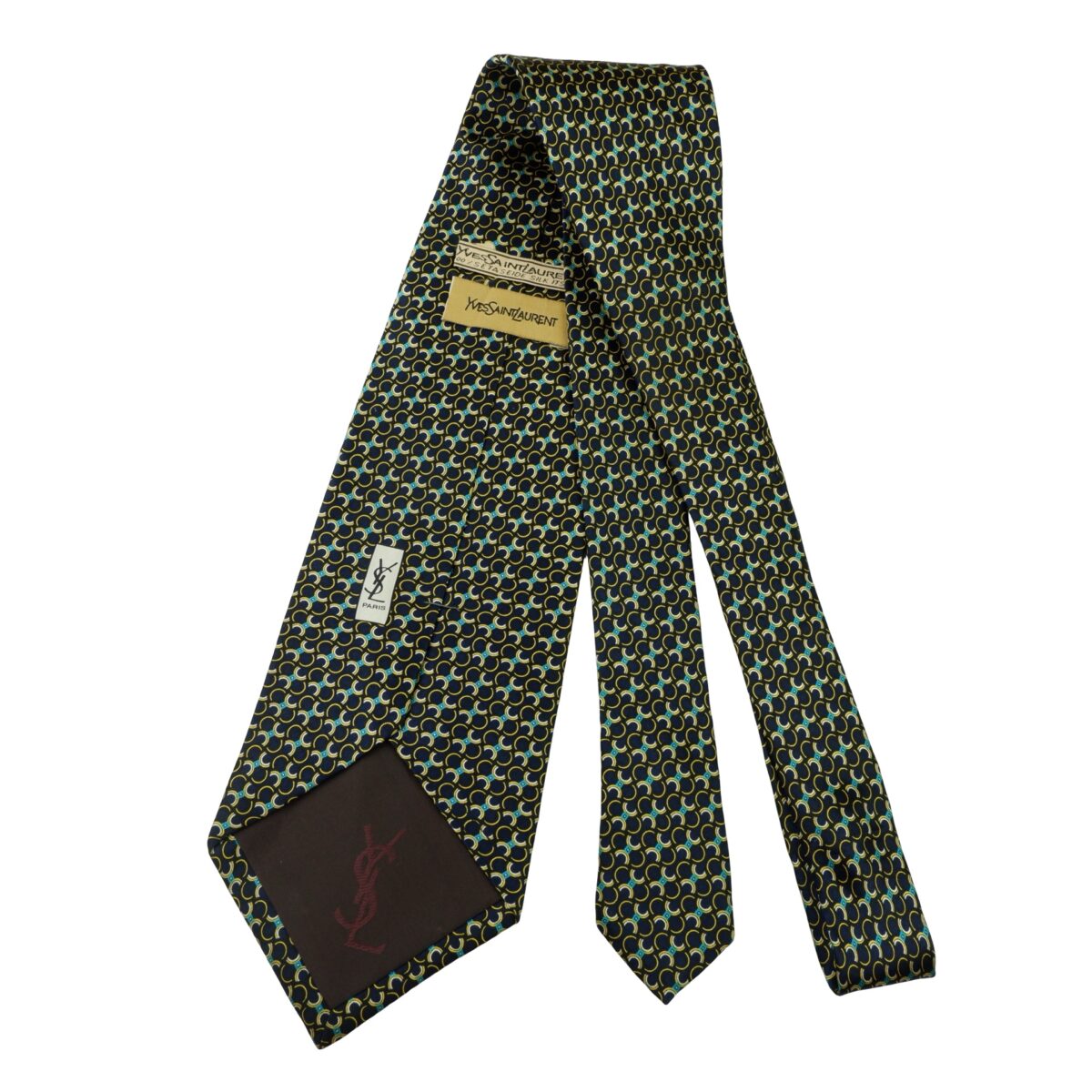 a16013 7 Yves Saint Laurent Tie Silk Black Geometric Italy (US Import Tax Included) มุมที่ 7