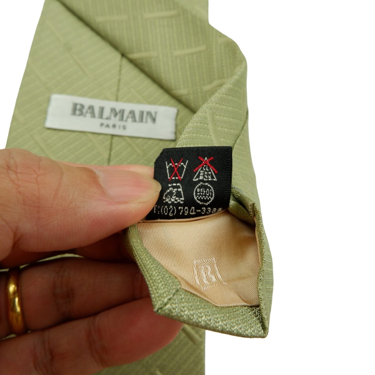 a16052 11 Balmain Tie Silk Olive Green Geometric Korea (US Import Tax Included) มุมที่ 11