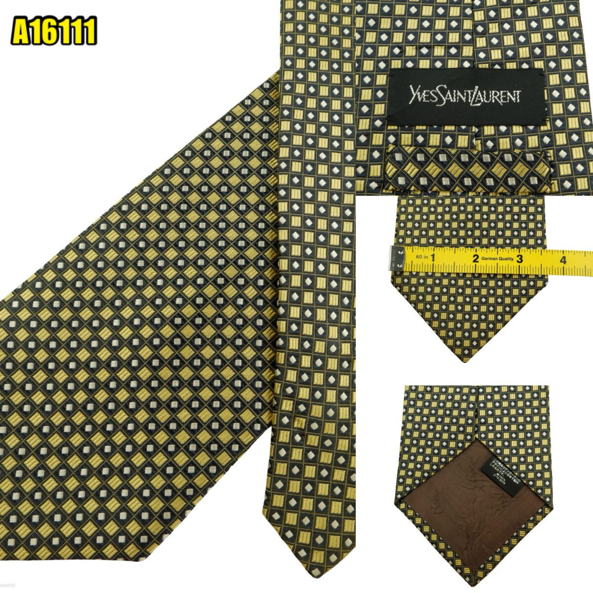Yves Saint Laurent Tie Silk Beige Black Geometric Japan (US Import Tax Included) | mesabb clothing Yves Saint Laurent Tie Silk Beige Black Geometric Japan (US Import Tax Included) มุมที่ 1