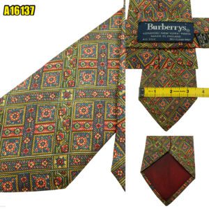 Burberry Tie Silk Olive Green Geometric England (US Import Tax Included) มุมที่ 1