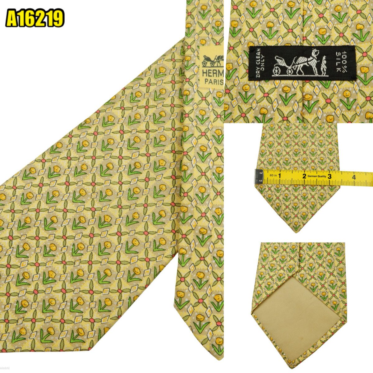 created by photogrid Hermes Tie Silk Yellow Floral Pattern France (US Import Tax Included) มุมที่ 1