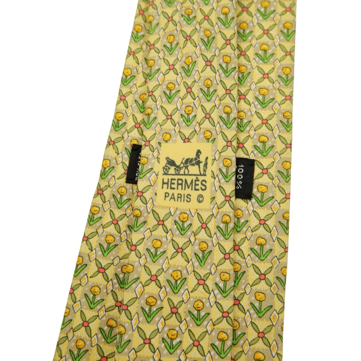 a16219 10 Hermes Tie Silk Yellow Floral Pattern France (US Import Tax Included) มุมที่ 10