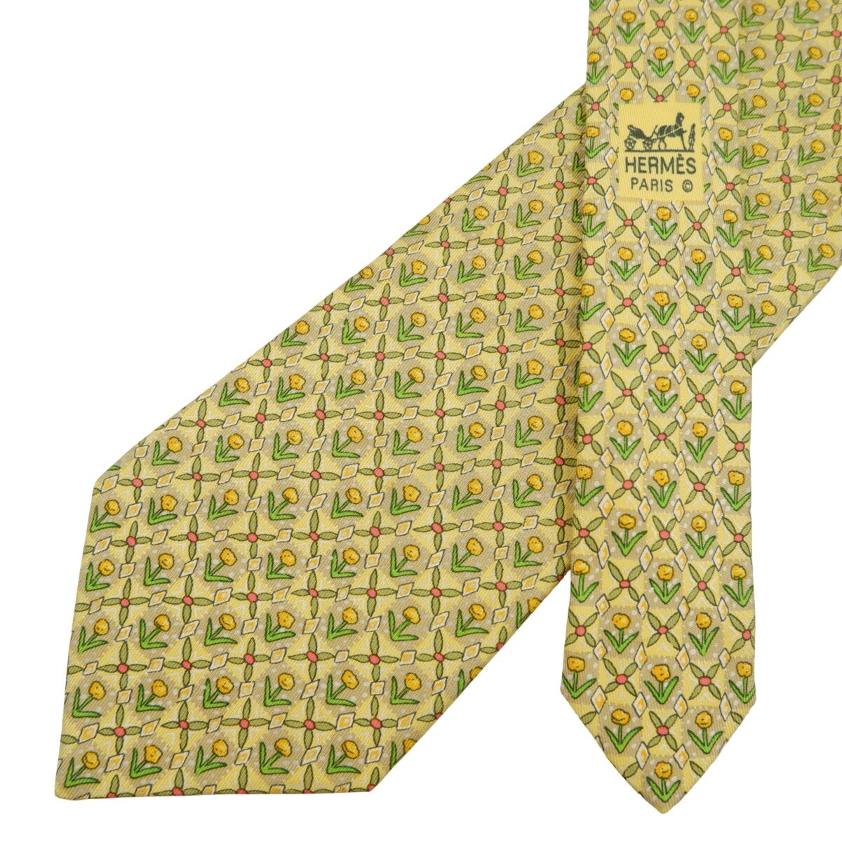 a16219 2 Hermes Tie Silk Yellow Floral Pattern France (US Import Tax Included) มุมที่ 2