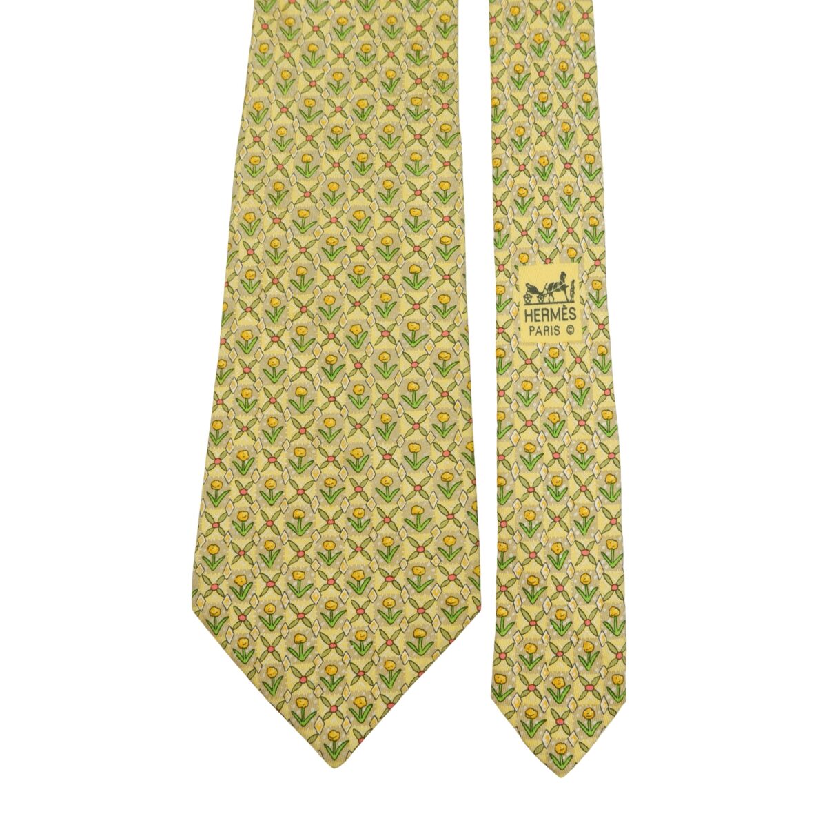 a16219 3 Hermes Tie Silk Yellow Floral Pattern France (US Import Tax Included) มุมที่ 3