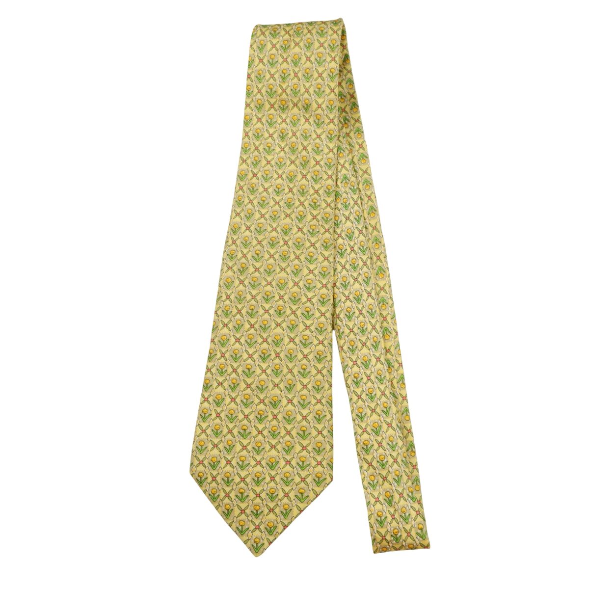 a16219 5 Hermes Tie Silk Yellow Floral Pattern France (US Import Tax Included) มุมที่ 5