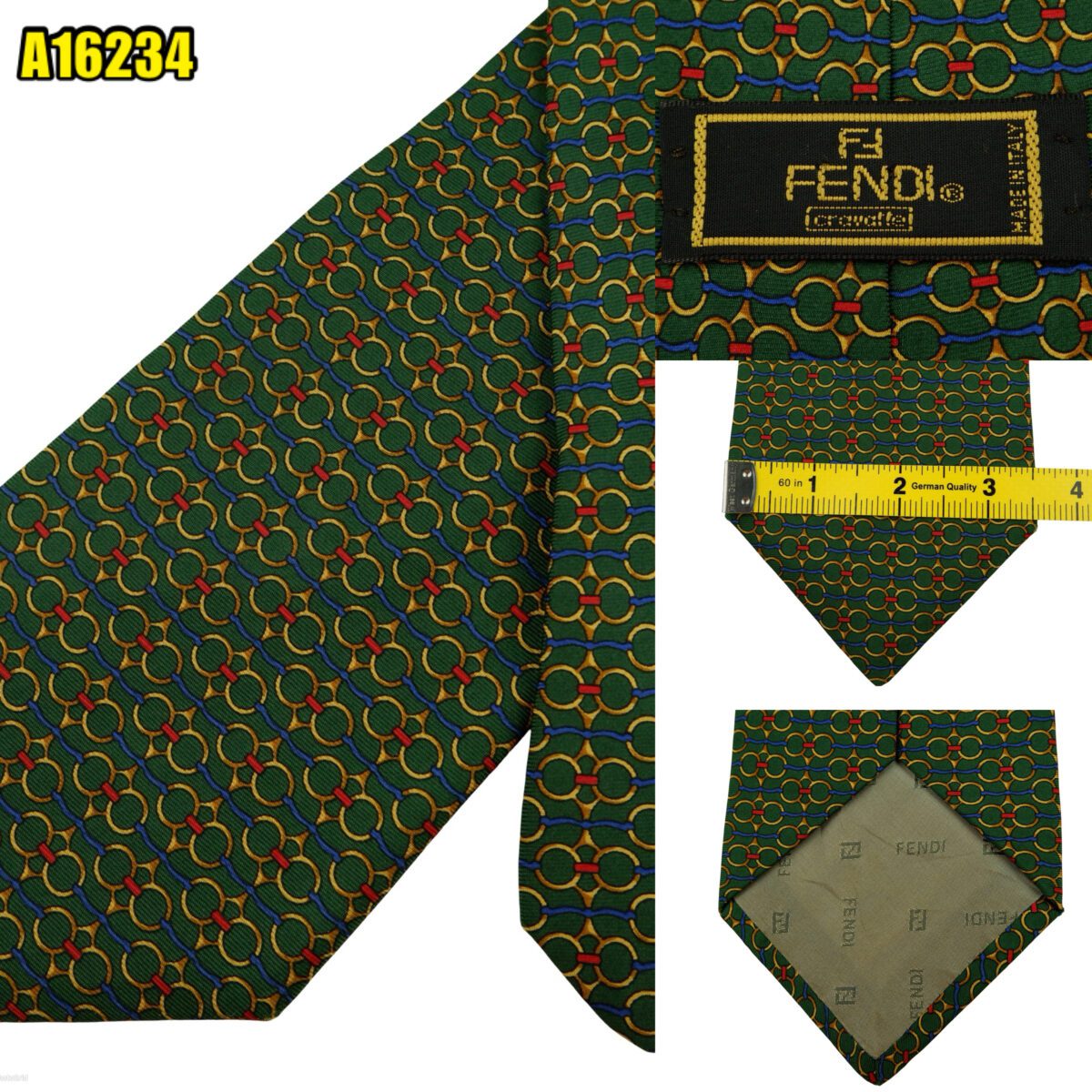 created by photogrid Fendi Tie Silk Green Geometric Italy (US Import Tax Included) มุมที่ 1