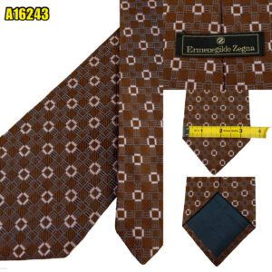 Ermenegildo Zegna Tie Silk Brown Geometric Italy (US Import Tax Included) มุมที่ 1