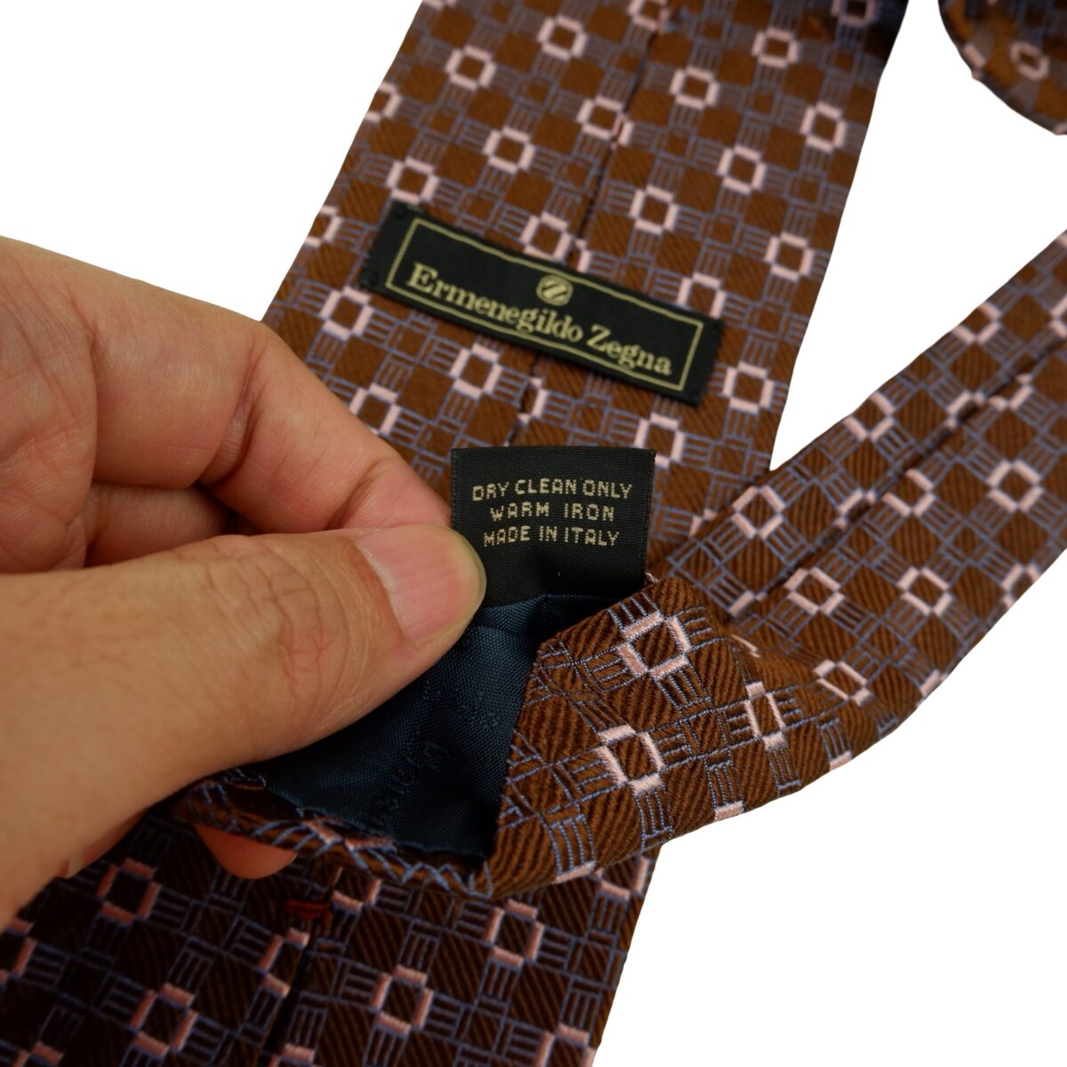 a16243 11 Ermenegildo Zegna Tie Silk Brown Geometric Italy (US Import Tax Included) มุมที่ 11