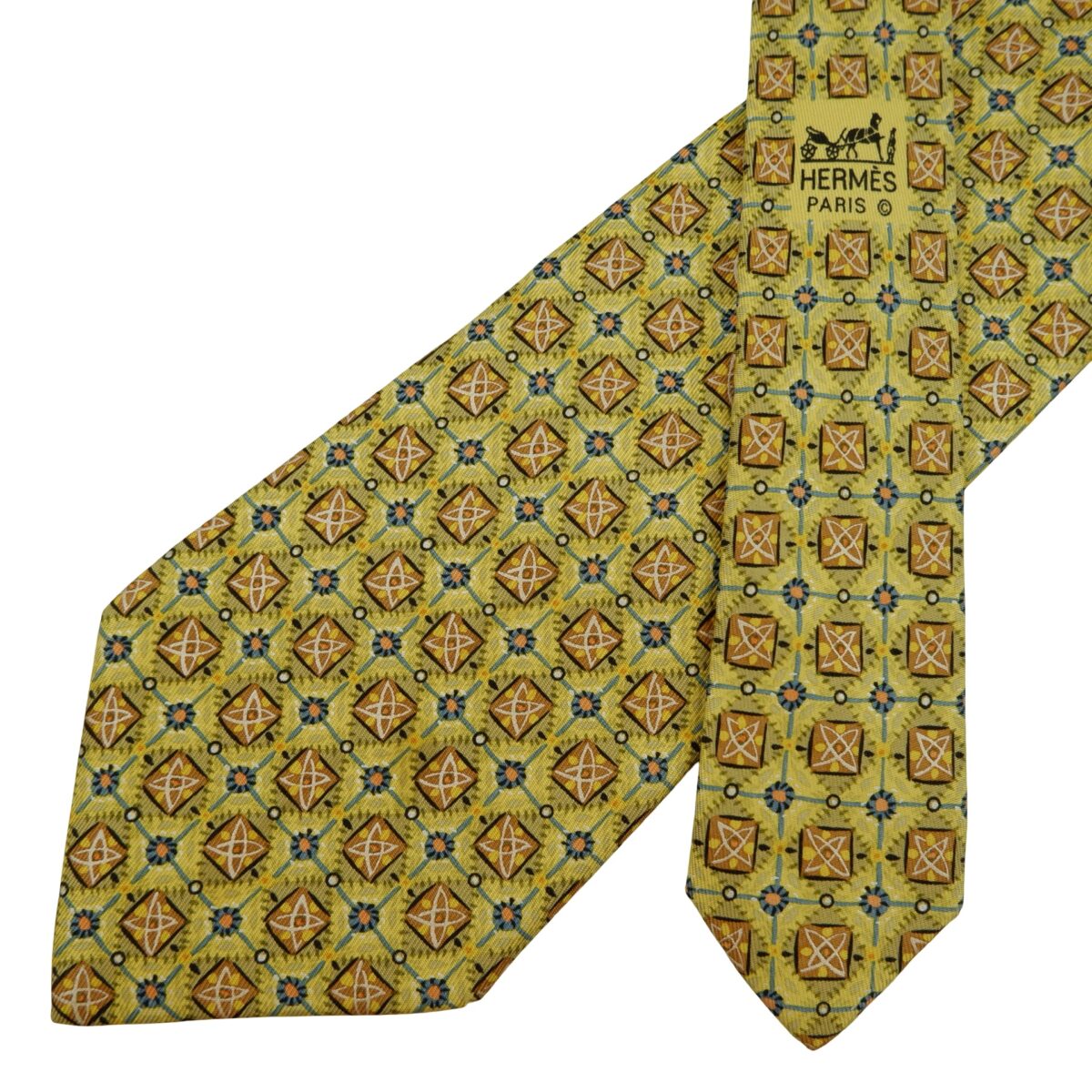 a16253 2 Hermes Tie Silk Yellow Geometric France (US Import Tax Included) มุมที่ 2