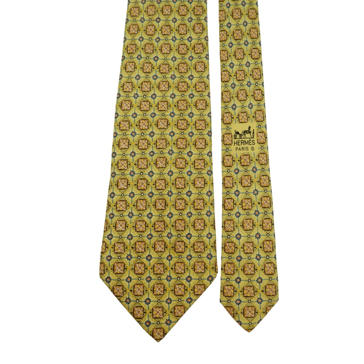 a16253 3 Hermes Tie Silk Yellow Geometric France (US Import Tax Included) มุมที่ 3