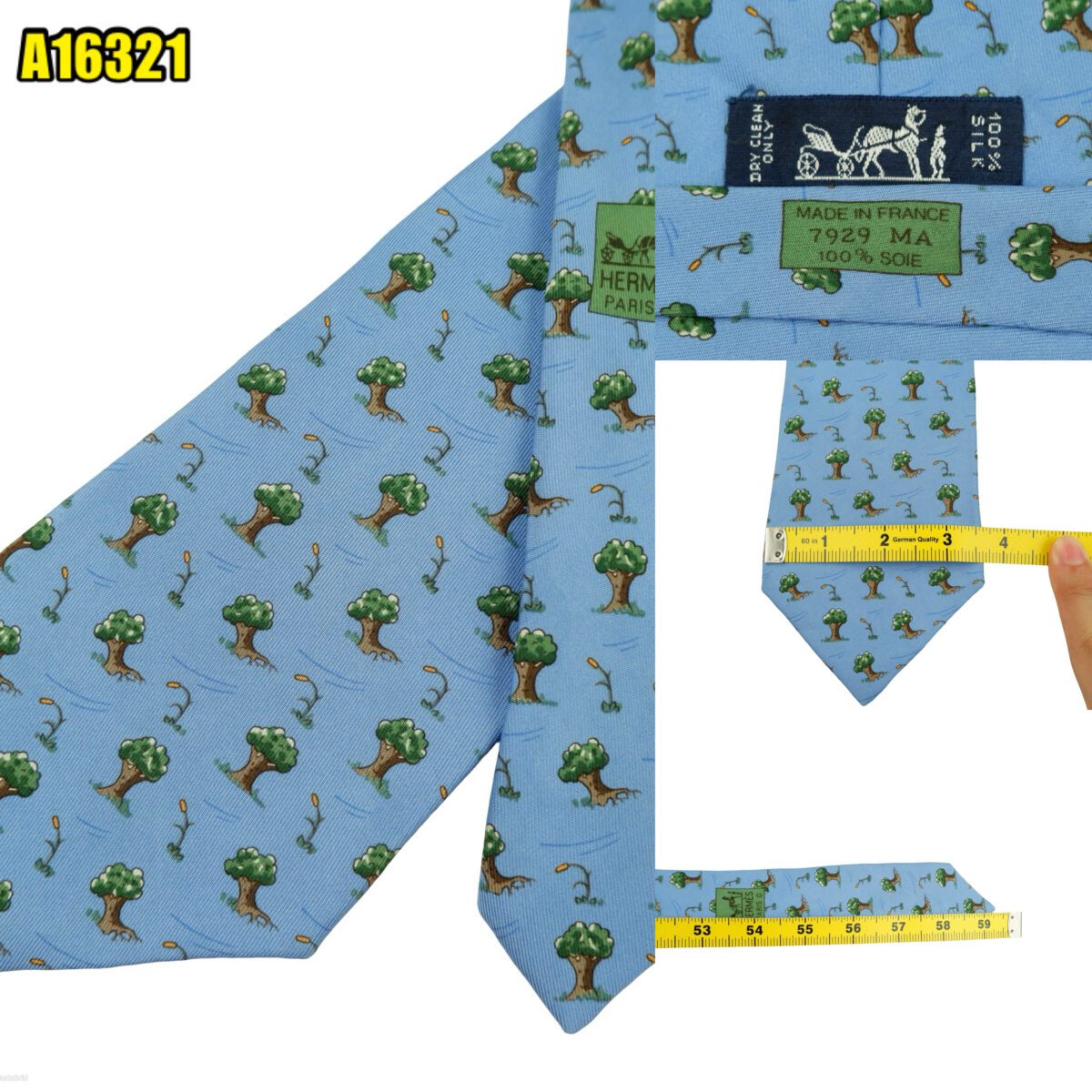 created by photogrid Hermes Tie Silk Blue Tree Pattern France (US Import Tax Included) มุมที่ 1