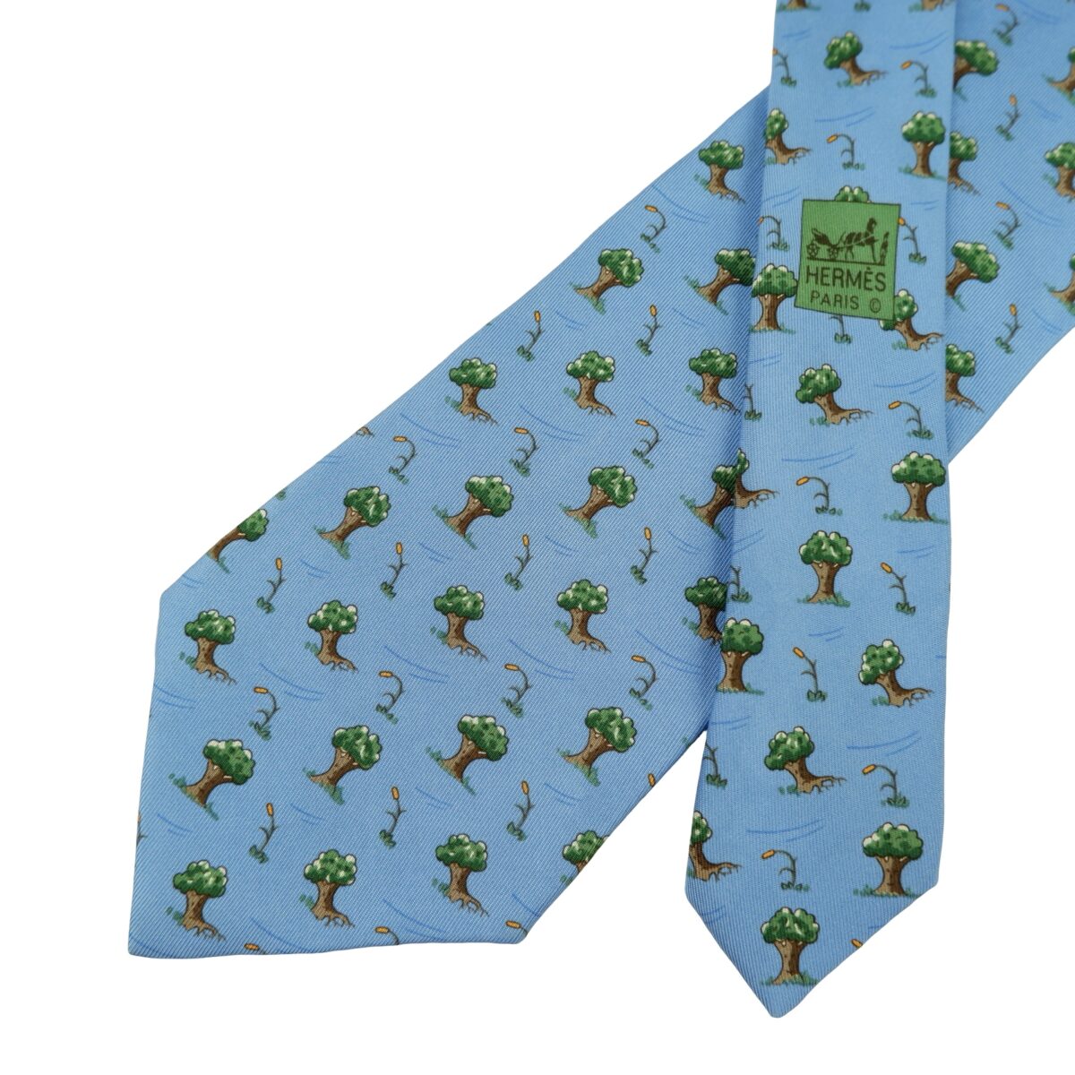 a16321 2 Hermes Tie Silk Blue Tree Pattern France (US Import Tax Included) มุมที่ 2