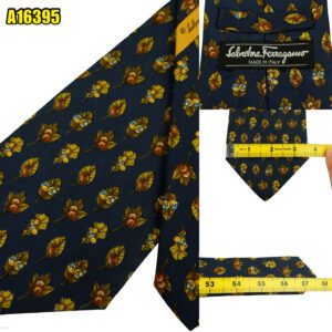 Salvatore Ferragamo Tie Silk Navy Leaf Pattern Italy (US Import Tax Included) มุมที่ 1