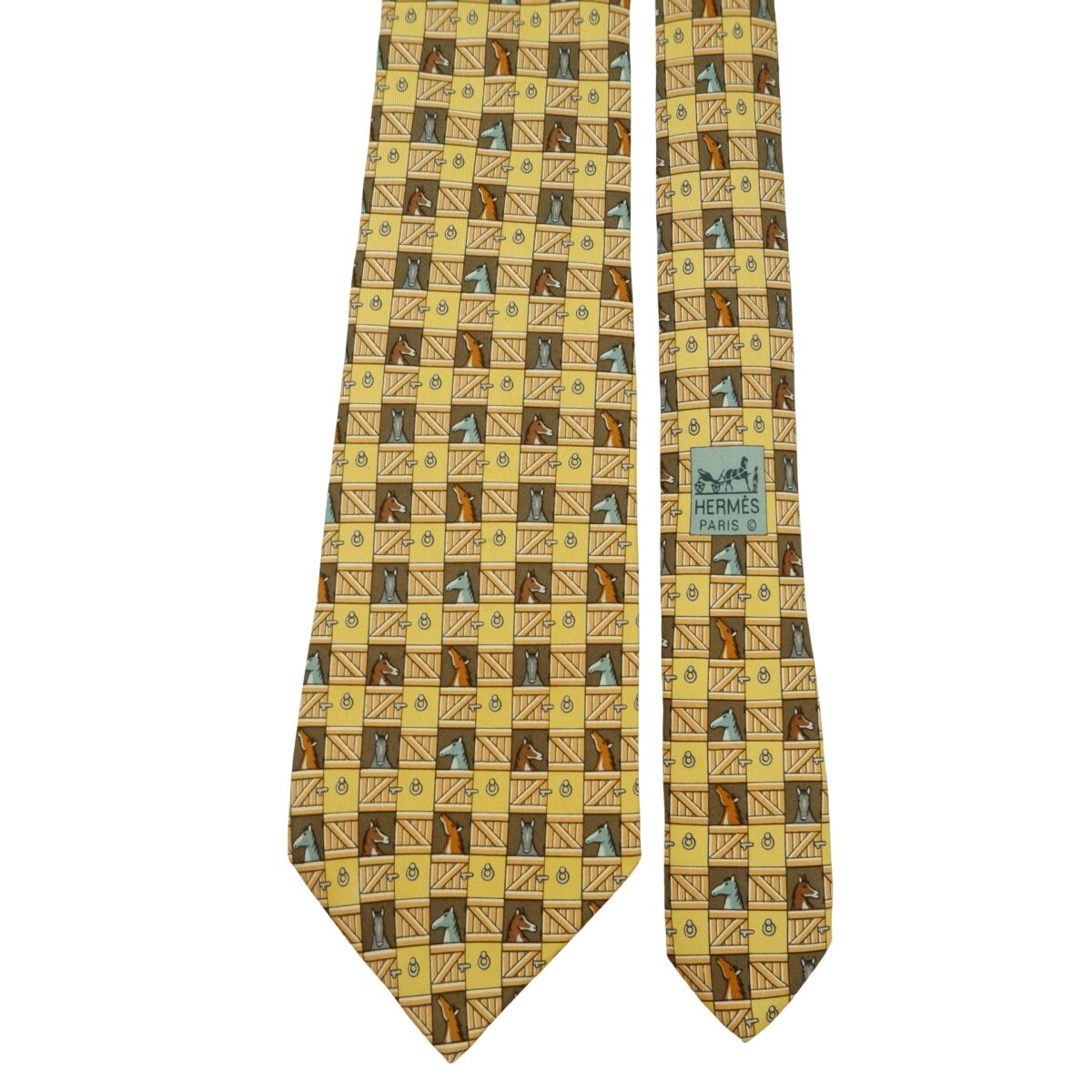 a16462 3 Hermes Tie Silk Yellow Animal Pattern France (US Import Tax Included) มุมที่ 3