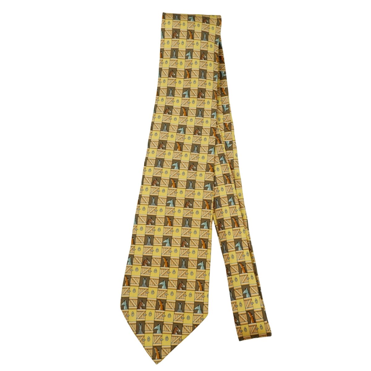 a16462 5 Hermes Tie Silk Yellow Animal Pattern France (US Import Tax Included) มุมที่ 5