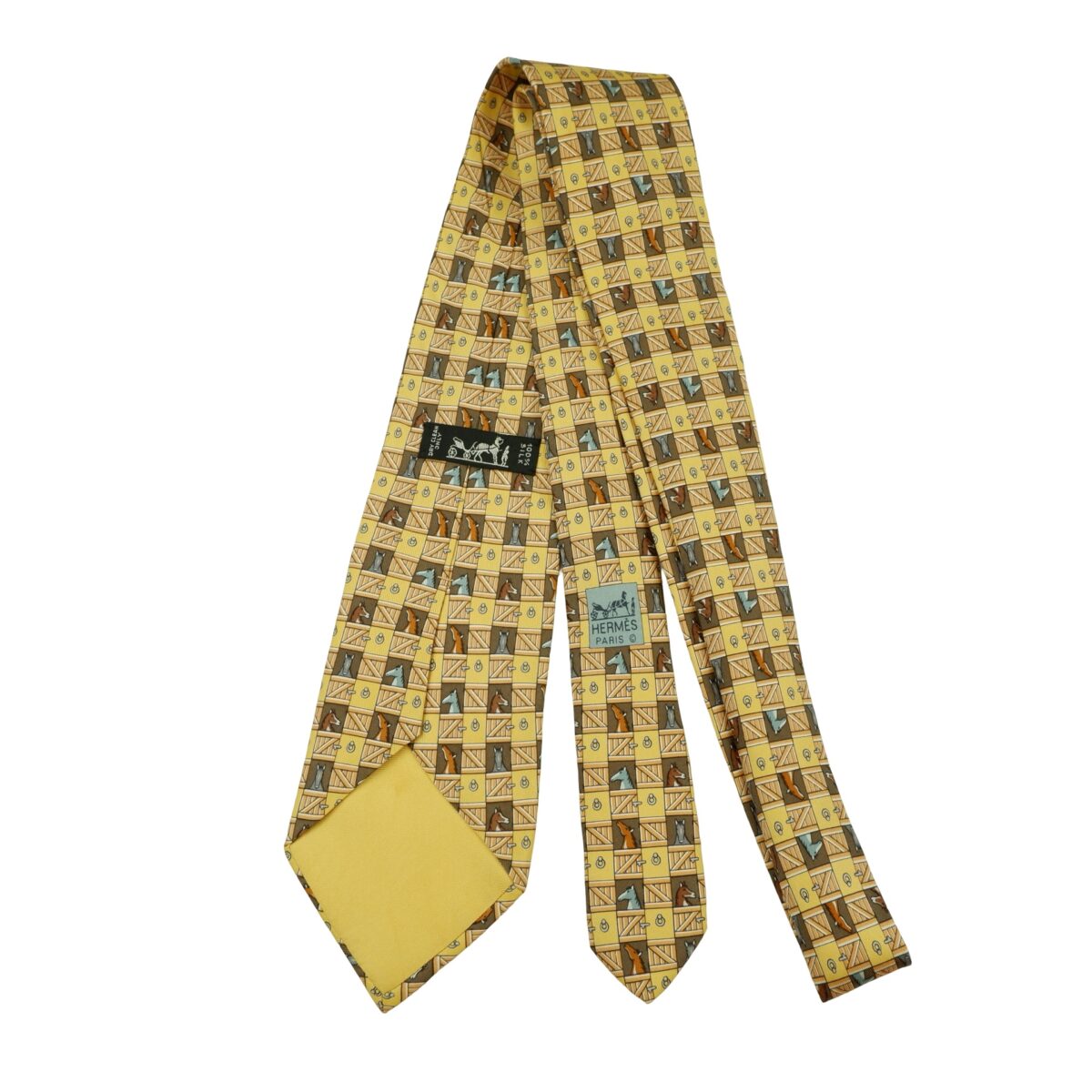 a16462 7 Hermes Tie Silk Yellow Animal Pattern France (US Import Tax Included) มุมที่ 7
