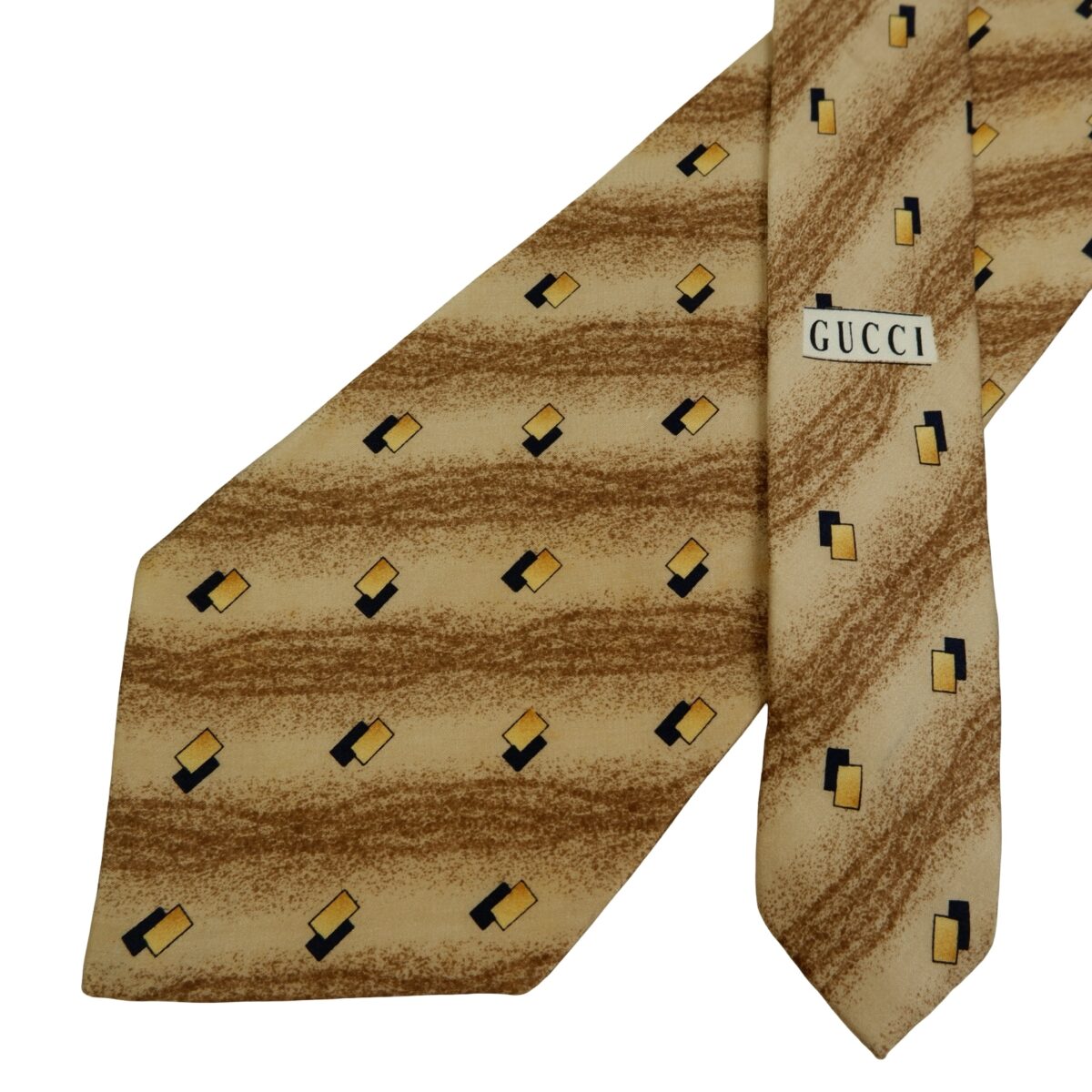 a16471 2 Gucci Tie Silk Brown Geometric Italy (US Import Tax Included) มุมที่ 2