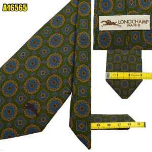 Longchamp Tie Silk Green Geometric Italy (US Import Tax Included) มุมที่ 1